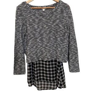 Decree Women's Black White XL‎ Cropped Sweater With Plaid Hi Lo Hem Cami